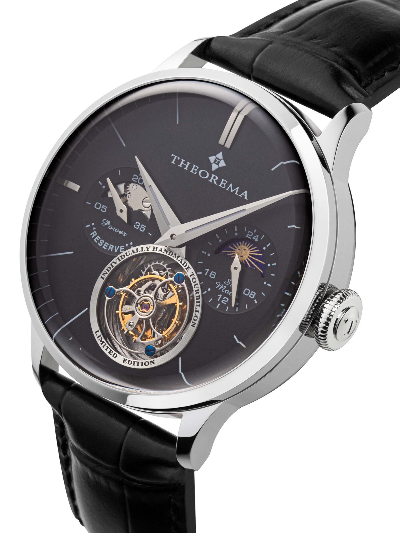 Open heart design at 6 o'clock to see the tourbillon movement with stick numbers and dauphine-shaped hands. 