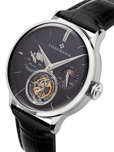 Open heart design at 6 o'clock to see the tourbillon movement with stick numbers and dauphine-shaped hands. 