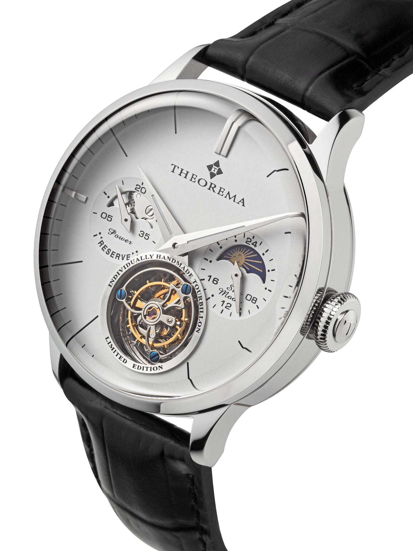 Open heart design at 6 o'clock to see the tourbillon movement with stick numbers and dauphine-shaped hands. 