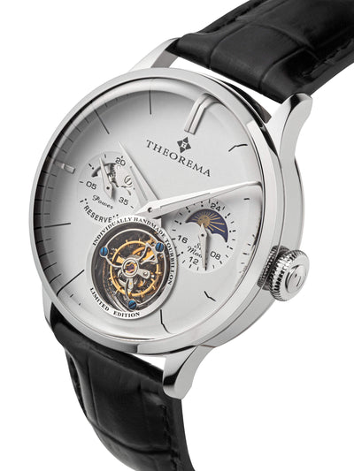 Open heart design at 6 o'clock to see the tourbillon movement with stick numbers and dauphine-shaped hands. 