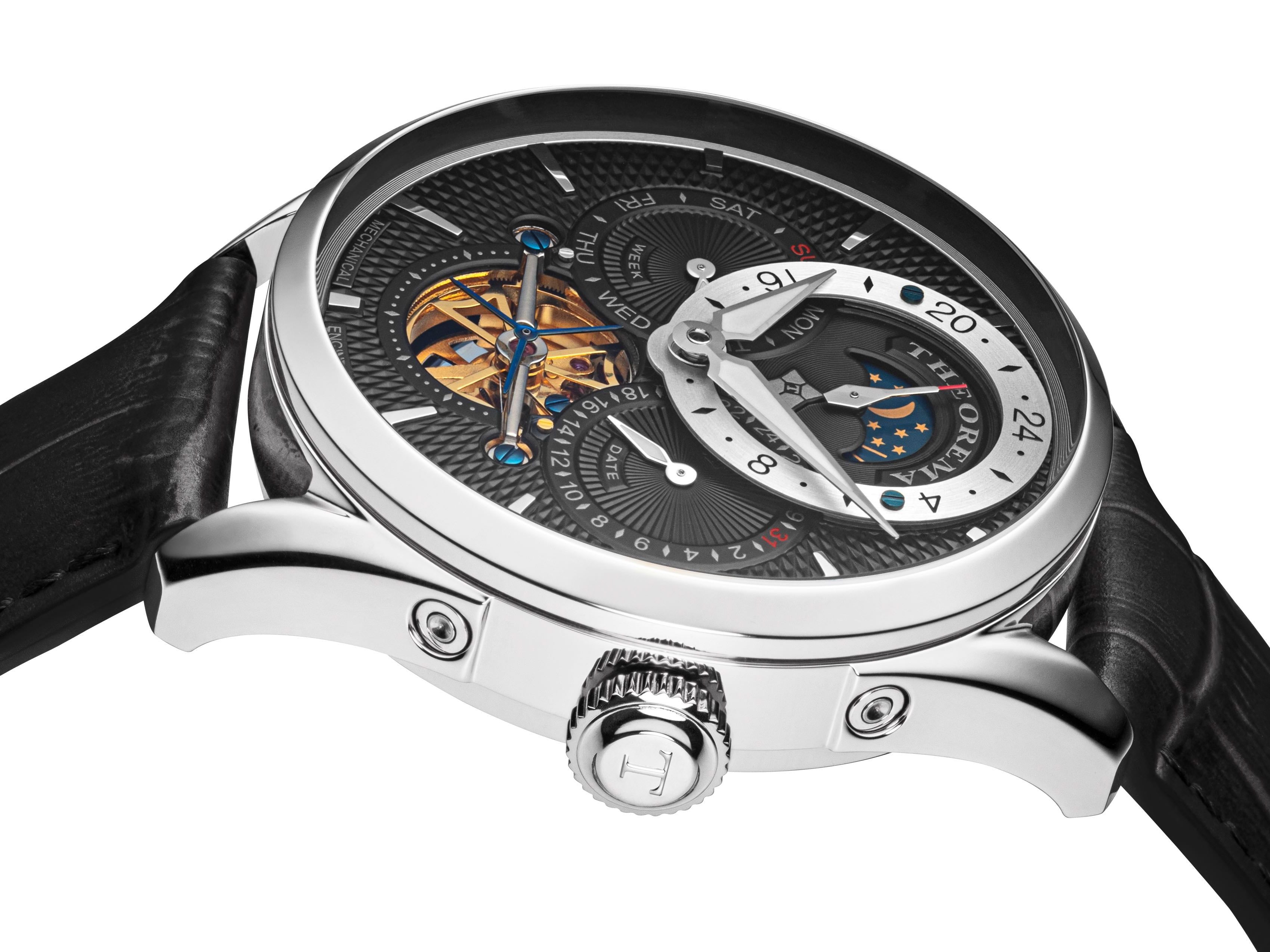 Black face watch with black leather band in a silver high stainless steel case with two push buttons on the side.