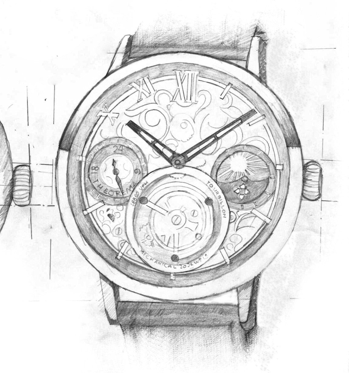 Hand drawing sketch of the collection Zurich tourbillon by Theorema Germany