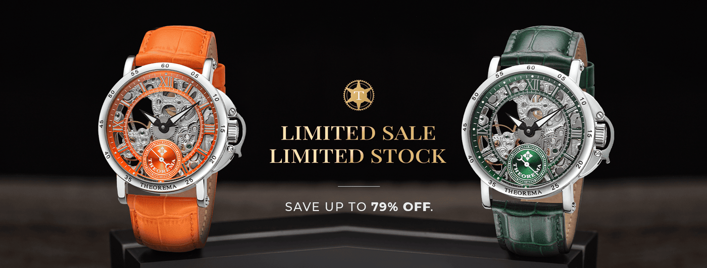 Limited sale. Limited stock. Save up to 79% OFF. One orange watch on the left and one green watch on the right.