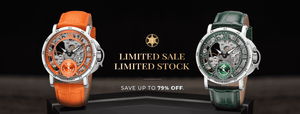Limited sale. Limited stock. Save up to 79% OFF. One orange watch on the left and one green watch on the right.