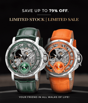 Limited sale. Limited stock. Save up to 79% OFF. One orange watch on the right and one green watch on the left.