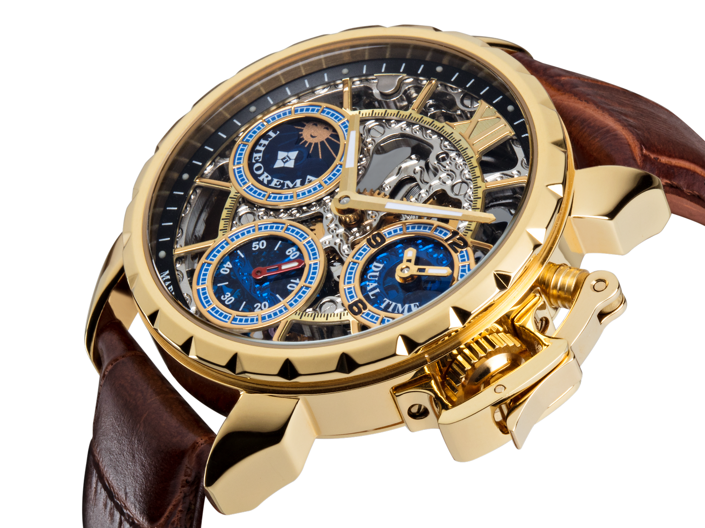 Brown leather band with gold case and gold crown button.