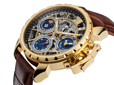 Brown leather band with gold case and gold crown button.